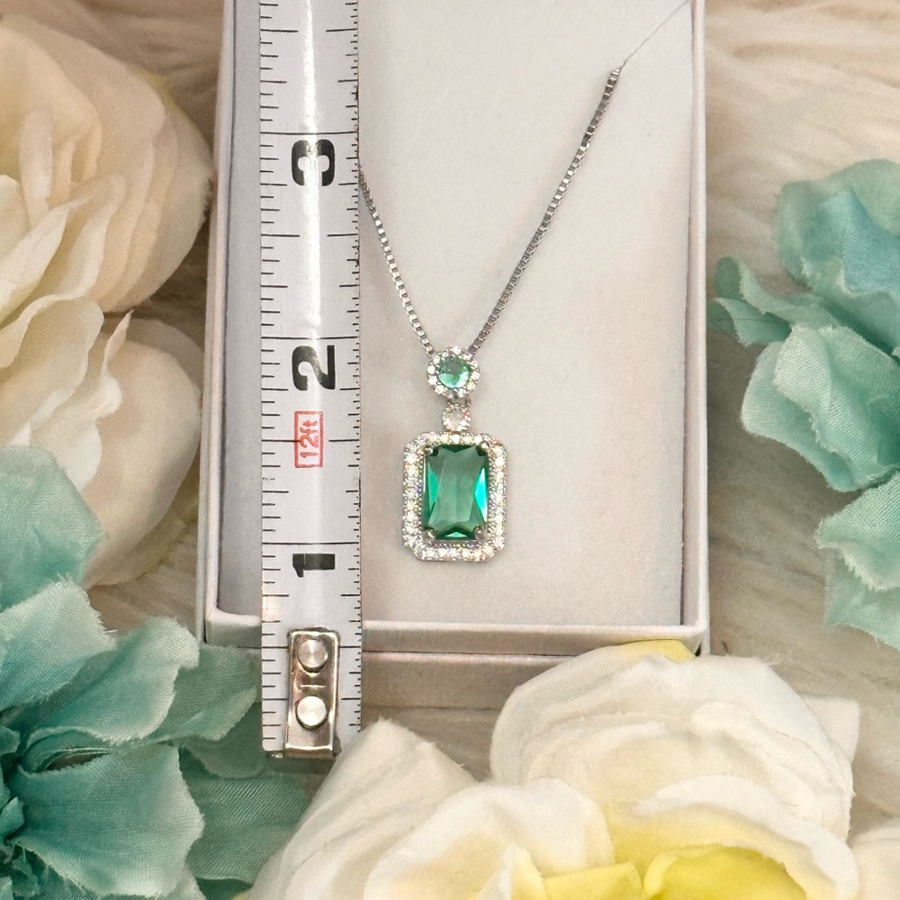 Green Tourmaline Emerald Cut Gemstone Necklace W/ Micro Pave Diamonds NEW! - Picture 2 of 4